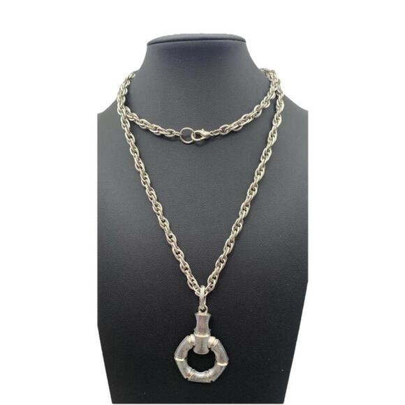 Jewelry - Vintage Silver Tone Chunky Chain W Articulated Door Knocker Style Bamboo Pendant